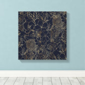 Modern Gold Blue Floral Doodles Line Art Leinwanddruck (Insitu (Holzboden))