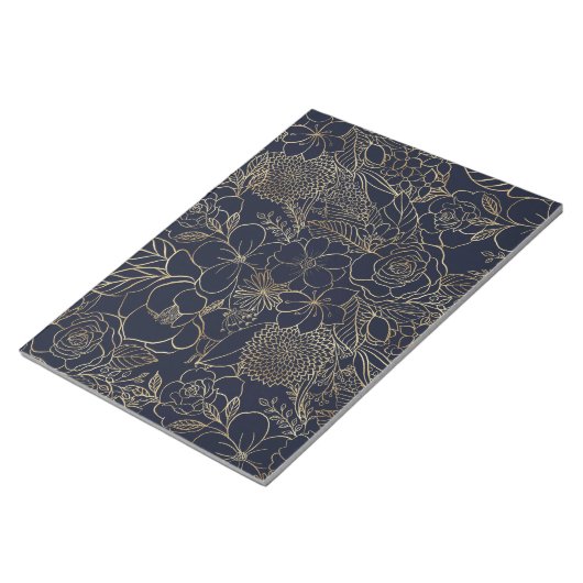 Modern Gold Blue Floral Doodles Line Art Notizblock (angewinkelt)