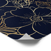Modern Gold Blue Floral Doodles Line Art Poster (Ecke)