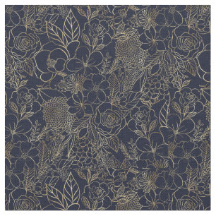 Modern Gold Blue Floral Doodles Line Art Stoff