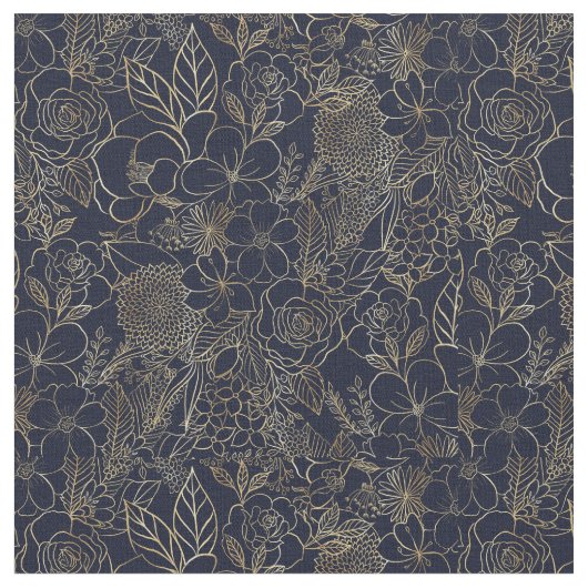 Modern Gold Blue Floral Doodles Line Art Stoff (Nahaufnahme)