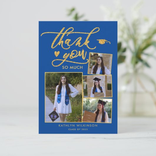 Modern Gold Blue Foto Abschluss Danke Karte (Stehend Vorderseite)
