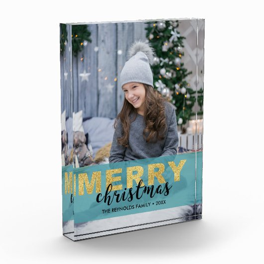 Modern Gold Blue Frohe Weihnachten - Foto Block (Links)