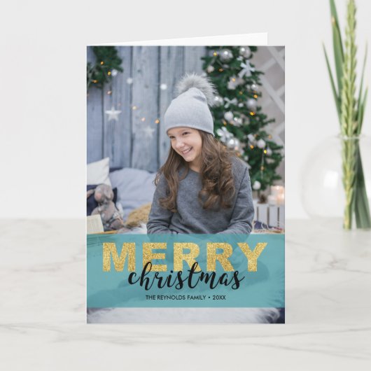 Modern Gold Blue Frohe Weihnachten - Fotokarte (Vorderseite)