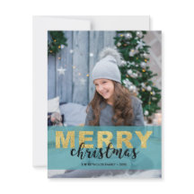 Modern Gold Blue Frohe Weihnachten - Fotokarte