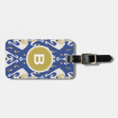 Modern Gold Blue Ikat Tribal Muster Monogram Gepäckanhänger (Vorderseite horizontal)
