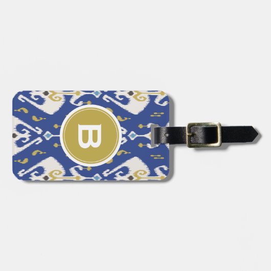 Modern Gold Blue Ikat Tribal Muster Monogram Gepäckanhänger (Vorderseite horizontal)