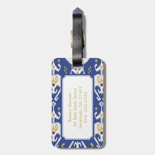Modern Gold Blue Ikat Tribal Muster Monogram Gepäckanhänger (Rückseite vertikal)