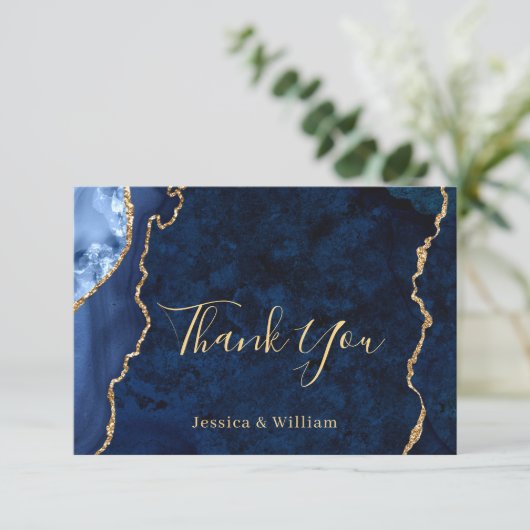 Modern Gold Blue Marble Agate Danke Karte (Stehend Vorderseite)