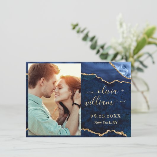 Modern Gold Blue Marble Agate FOTO Wedding Rett T Save The Date (Stehend Vorderseite)