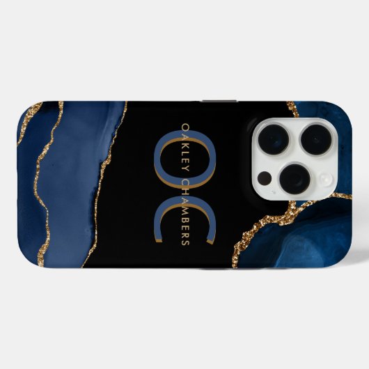 Modern Gold Blue Monogram Navy Black Gold Agate Case-Mate iPhone Hülle (Rückseite (Horizontal))