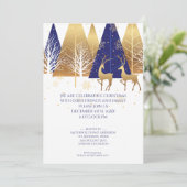 Modern Gold Blue Woodland Hirsch Einladung (Stehend Vorderseite)
