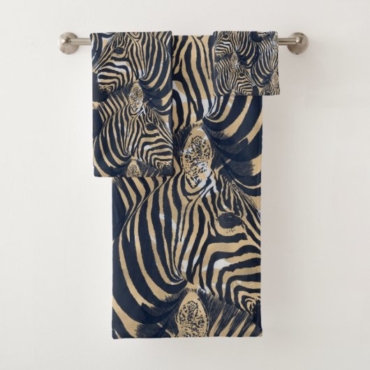 Modern Gold Blue Zebras Print Pattern Badhandtuch Set (Insitu)