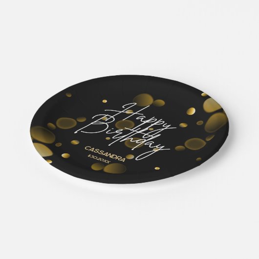 Modern Gold Bokeh Gradient Black Happy Birthday Pappteller (Schrägansicht)