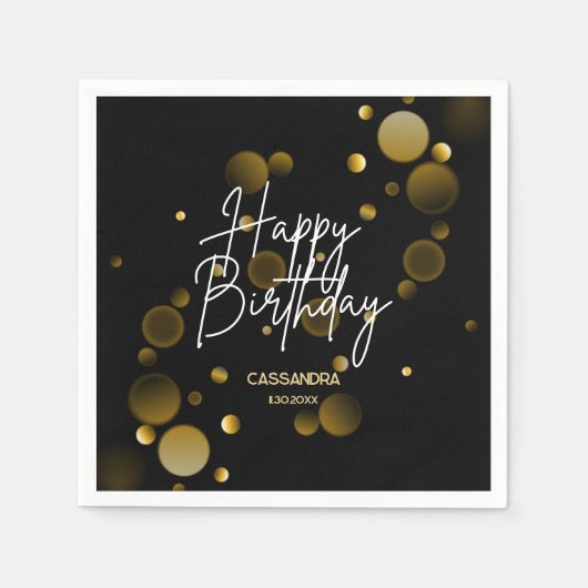 Modern Gold Bokeh Gradient Black Happy Birthday Serviette (Vorderseite)