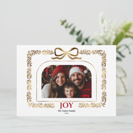 Modern Gold Bow Jow Weihnachtsband Foto Rahmen Einladung (Stehend Vorderseite)