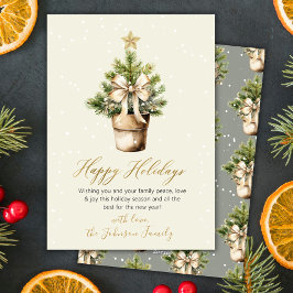 Modern Gold Bow Neutral Watercolor Christmas Tree Feiertagskarte