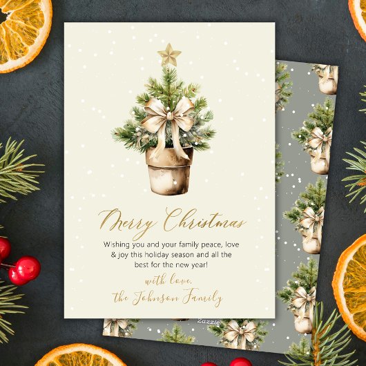 Modern Gold Bow Neutral Watercolor Christmas Tree Feiertagskarte