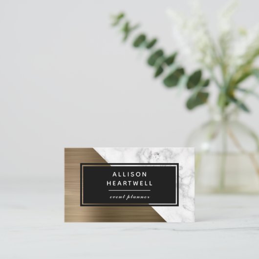 Modern Gold Brushed Metal White Marble Black Visitenkarte (Stehend Vorderseite)
