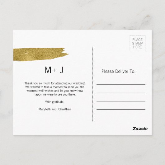 Modern Gold Brushstroke Wedding Danke Postcard Postkarte (Rückseite)
