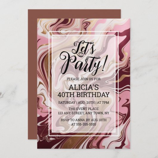 Modern Gold Burgund Pink Marble Fluid Birthday Einladung (Vorne/Hinten)