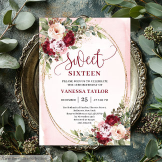 Modern Gold Burgundy Floral Sweet Sixteen Card Einladung