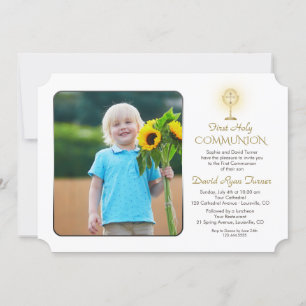Modern Gold Chalice Photo Boy 1st Holy Communion Einladung