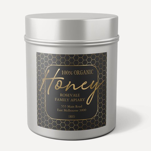 Modern Gold Charcoal Honeycomb Honey Apiary Label Quadratischer Aufkleber