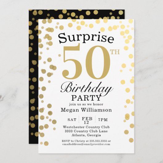 Modern Gold Confetti Black Surprise 50. Geburtstag Einladung (Vorne/Hinten)