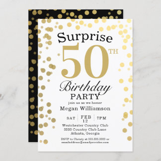 Modern Gold Confetti Black Surprise 50. Geburtstag Einladung