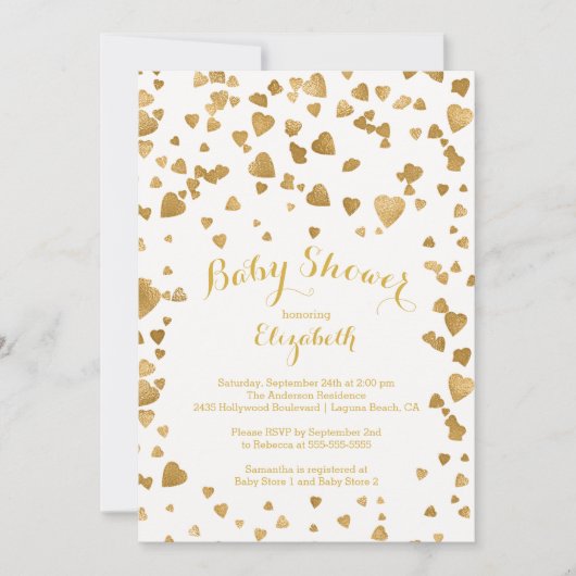 Modern Gold Confetti Hearts Babydusche Einladung (Vorderseite)
