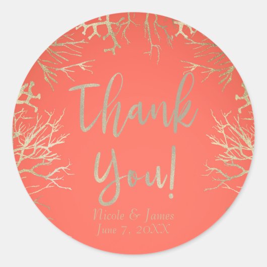 Modern Gold Coral Orange Eleganter Strand Hochzeit Runder Aufkleber (Vorderseite)