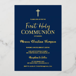 Modern Gold Cross Blue erste heilige Kommunion Folieneinladung