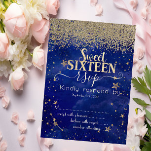 Modern Gold Diamanten Sterne Blau Sweet 16 RSVP Einladung