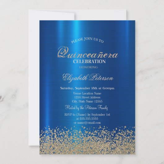 Modern Gold Diamonds Blue Metallic Quinceañera Einladung (Vorderseite)