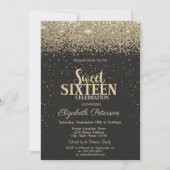 Modern Gold Diamonds Confetti Black Sweet 16 Einladung (Vorderseite)