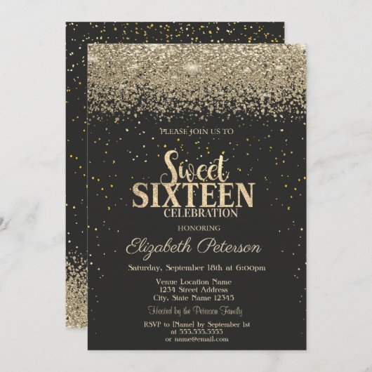 Modern Gold Diamonds Confetti Black Sweet 16 Einladung (Vorne/Hinten)