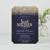Modern Gold Diamonds Confetti Blue Sweet 16 Einladung (Stehend Vorderseite)