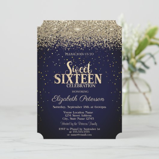 Modern Gold Diamonds Confetti Blue Sweet 16 Einladung (Stehend Vorderseite)