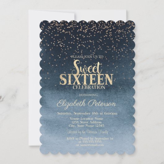 Modern Gold Diamonds Confetti Navy Blue Sweet 16 Einladung (Vorderseite)