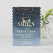 Modern Gold Diamonds Confetti Navy Blue Sweet 16 Einladung (Stehend Vorderseite)
