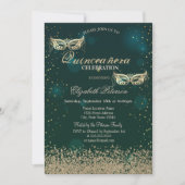 Modern Gold Diamonds Masque Green Quinceañera Einladung (Vorderseite)
