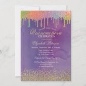 Modern Gold Diamonds Rainbow Tropfen Quinceañera Einladung (Vorderseite)