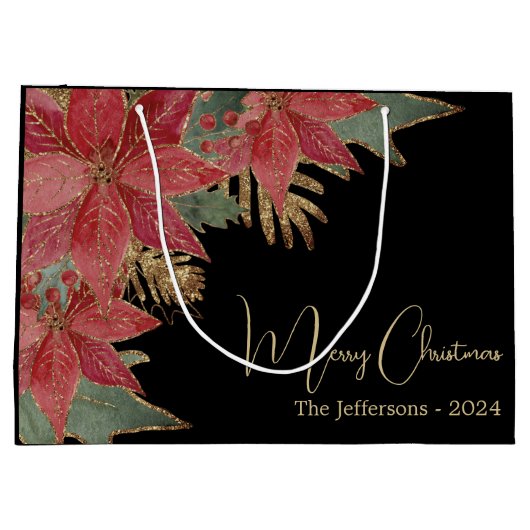 Modern Gold Elegant Red Poinsettia Frohe Weihnacht Große Geschenktüte (Rückseite)