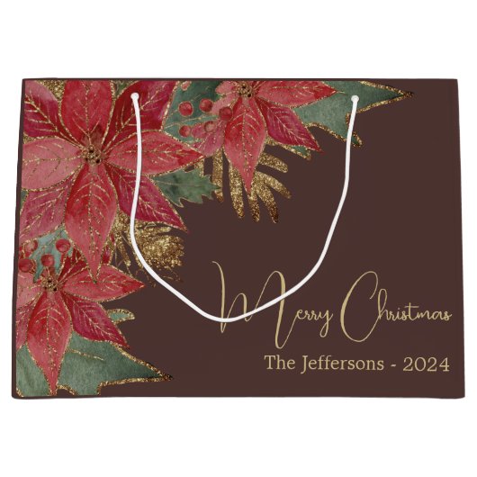 Modern Gold Elegant Red Poinsettia Frohe Weihnacht Große Geschenktüte (Vorderseite)