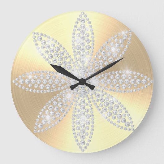 Modern Gold Elegante Funkelnd Diamant Blume Große Wanduhr (Vorderseite)