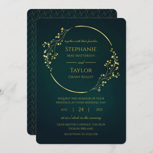 Modern Gold Eucalyptus Green Wedding Einladung (Vorne/Hinten)
