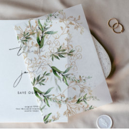 Modern Gold Eukalyptus Greenery Sage Overlay Pergament Einladungen