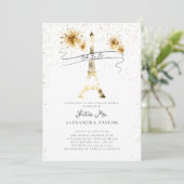 Modern Gold Fireworks Eiffel Paris Brautparty Einladung (Stehend Vorderseite)