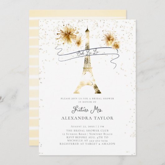 Modern Gold Fireworks Eiffel Paris Brautparty Einladung (Vorne/Hinten)